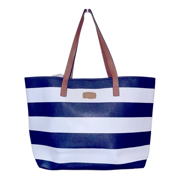 EUC MICHAEL Michael Kors Navy and White Striped Tote with Brown Handles - Picture 2 of 4